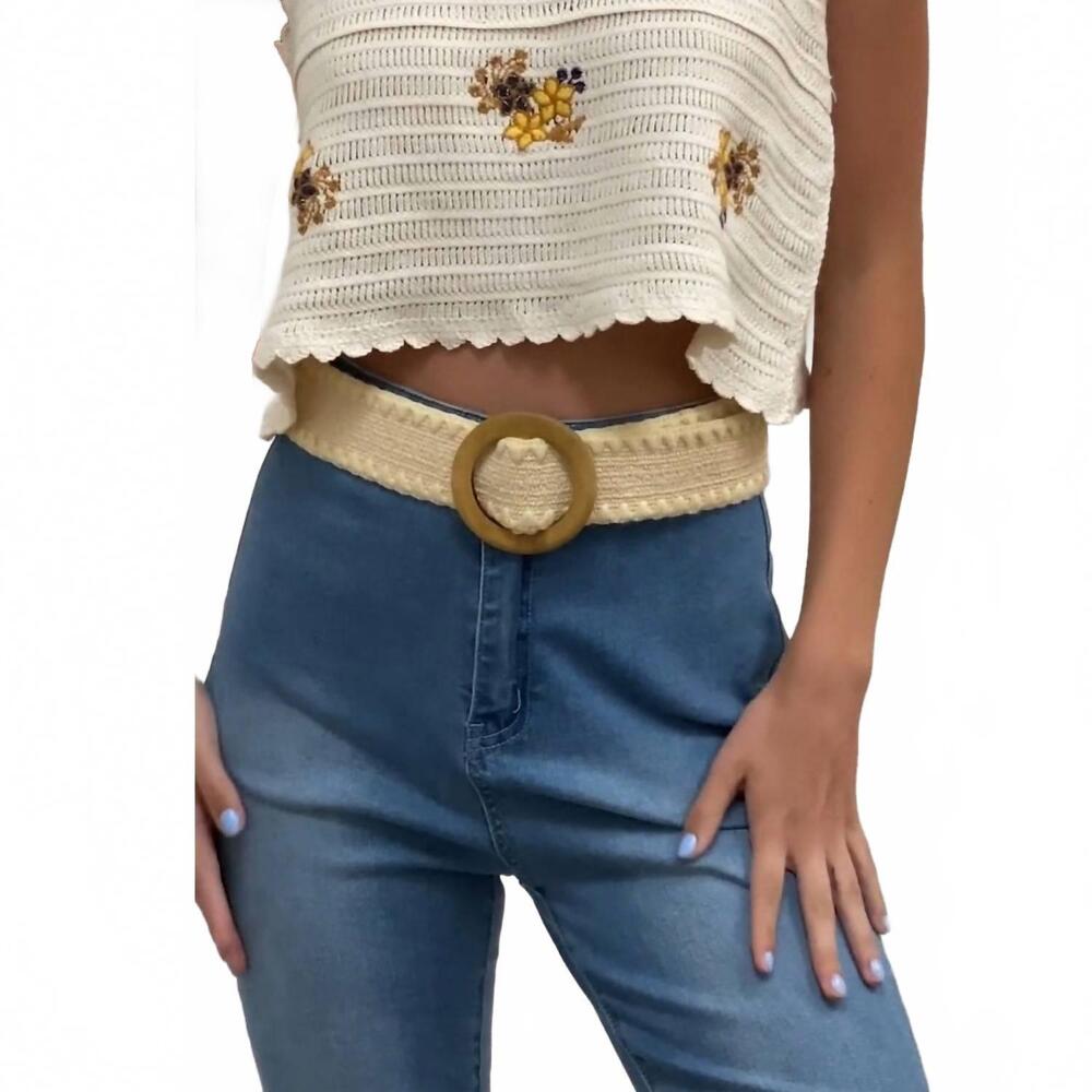 NEW LETO women's whipstitch raffia belt in ivory